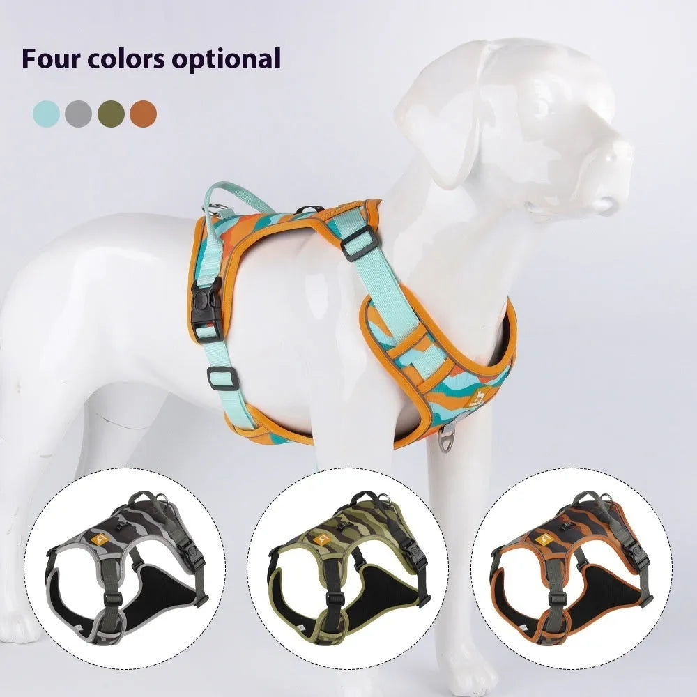 Orange reflective dog walking rope with chest and back harness design on Oxford cloth