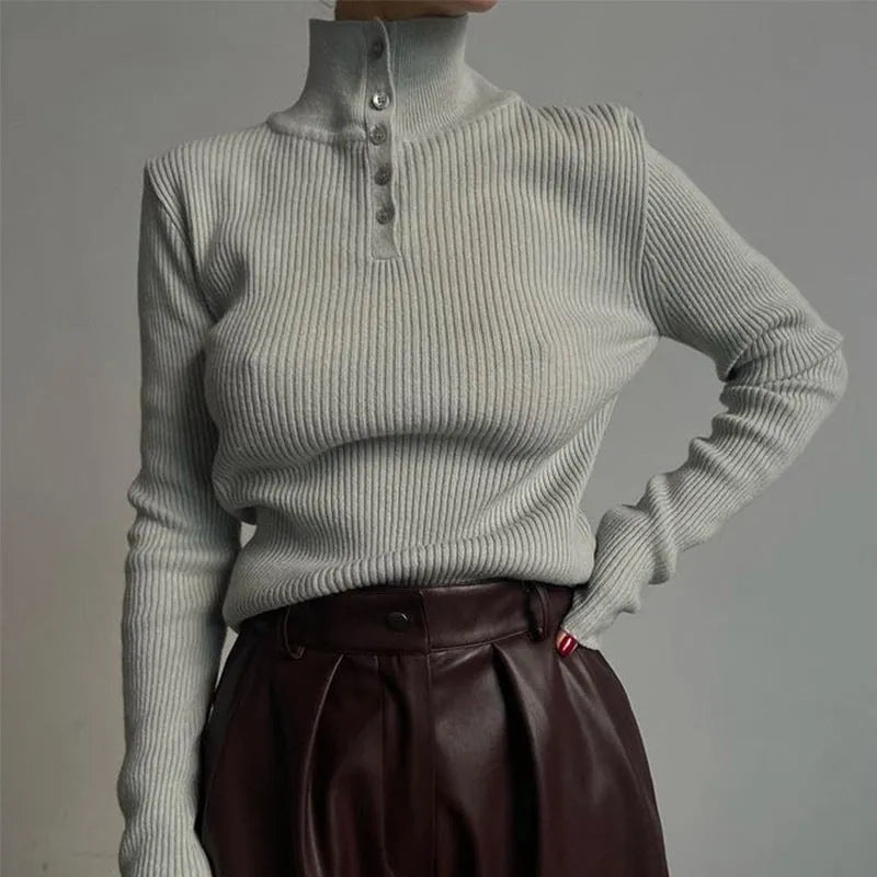 Women's slim-fit retro pullover sweater with a half-turtleneck neckline and single-breasted placket in silver grey.