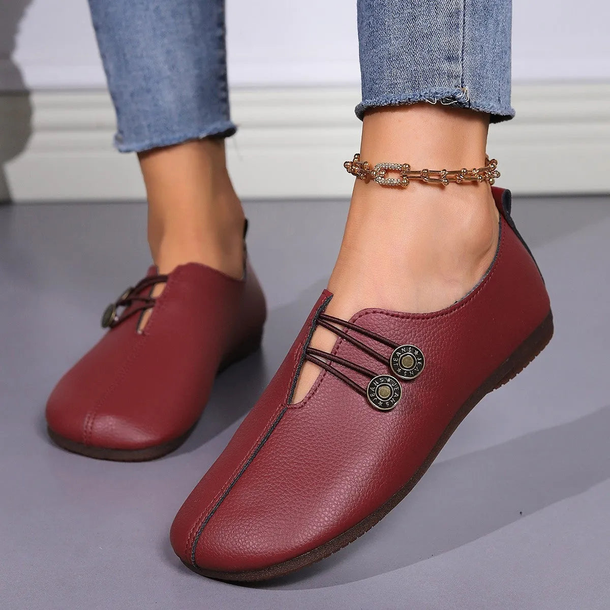 Casual square toe flats slip-on button loafers women artificial PU upper TPR sole flat heel beige