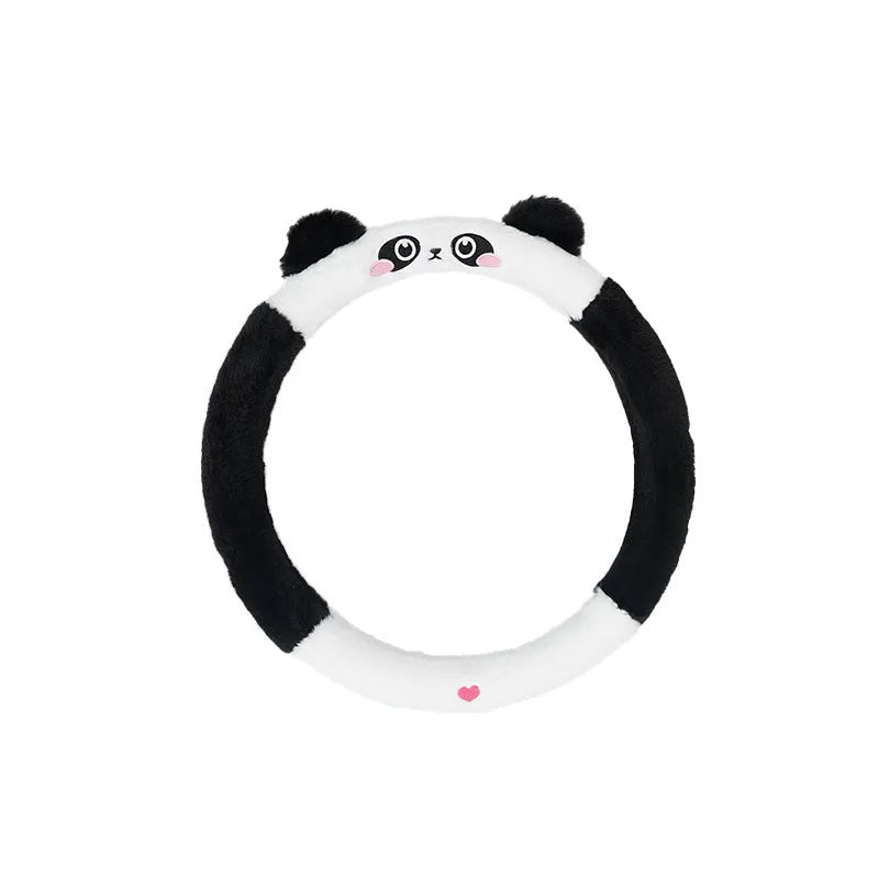 Plush thermal car steering wheel cover with rabbit fur embroidered cartoon design, 38cm diameter