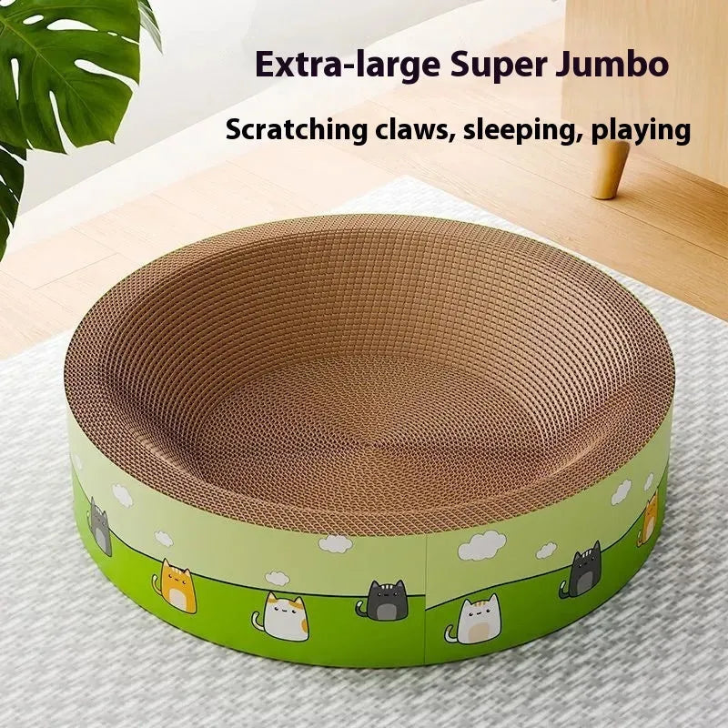 Large round cat scratch board with deep pits, made from brown corrugated paper.