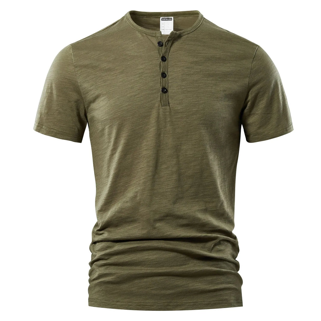 Men's solid colour slub cotton short sleeve T-shirt on a hanger.