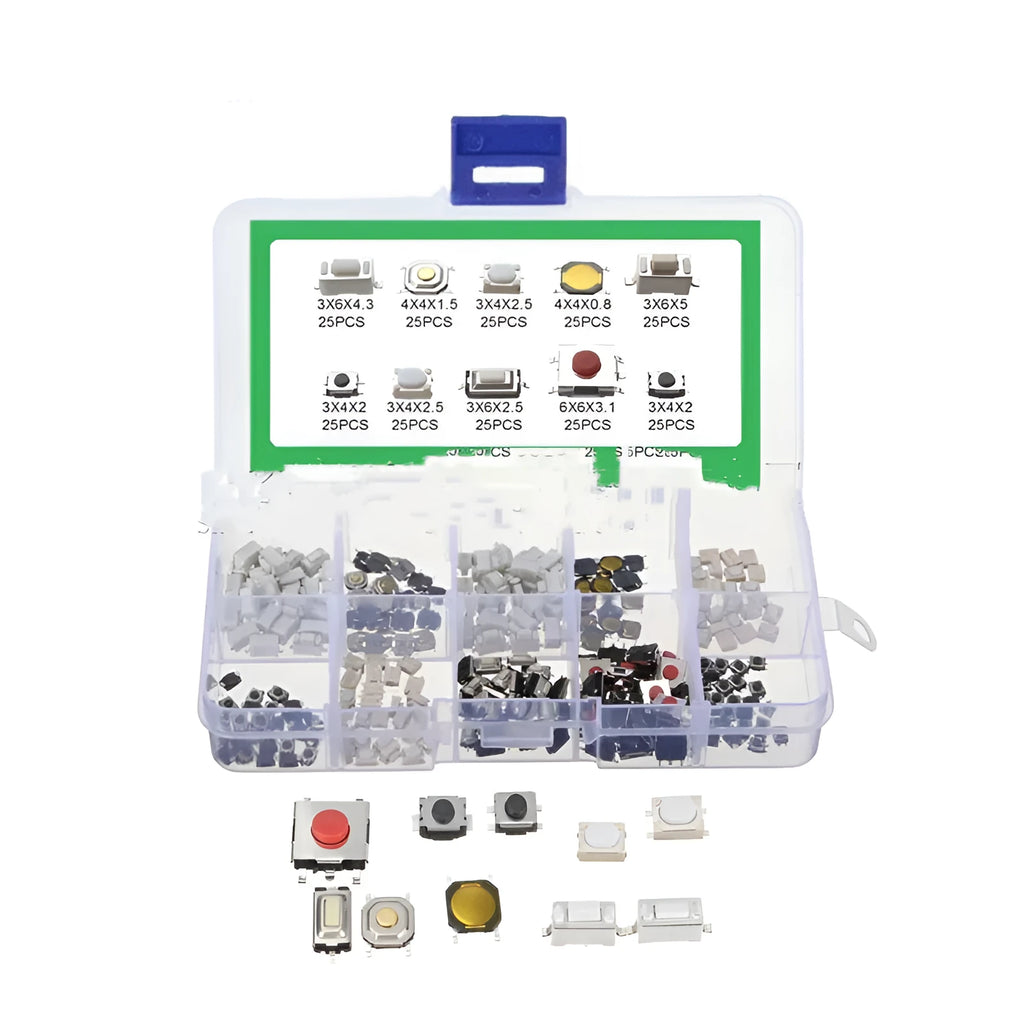Box containing 250 surface mount tactile push button switches for electronics repair