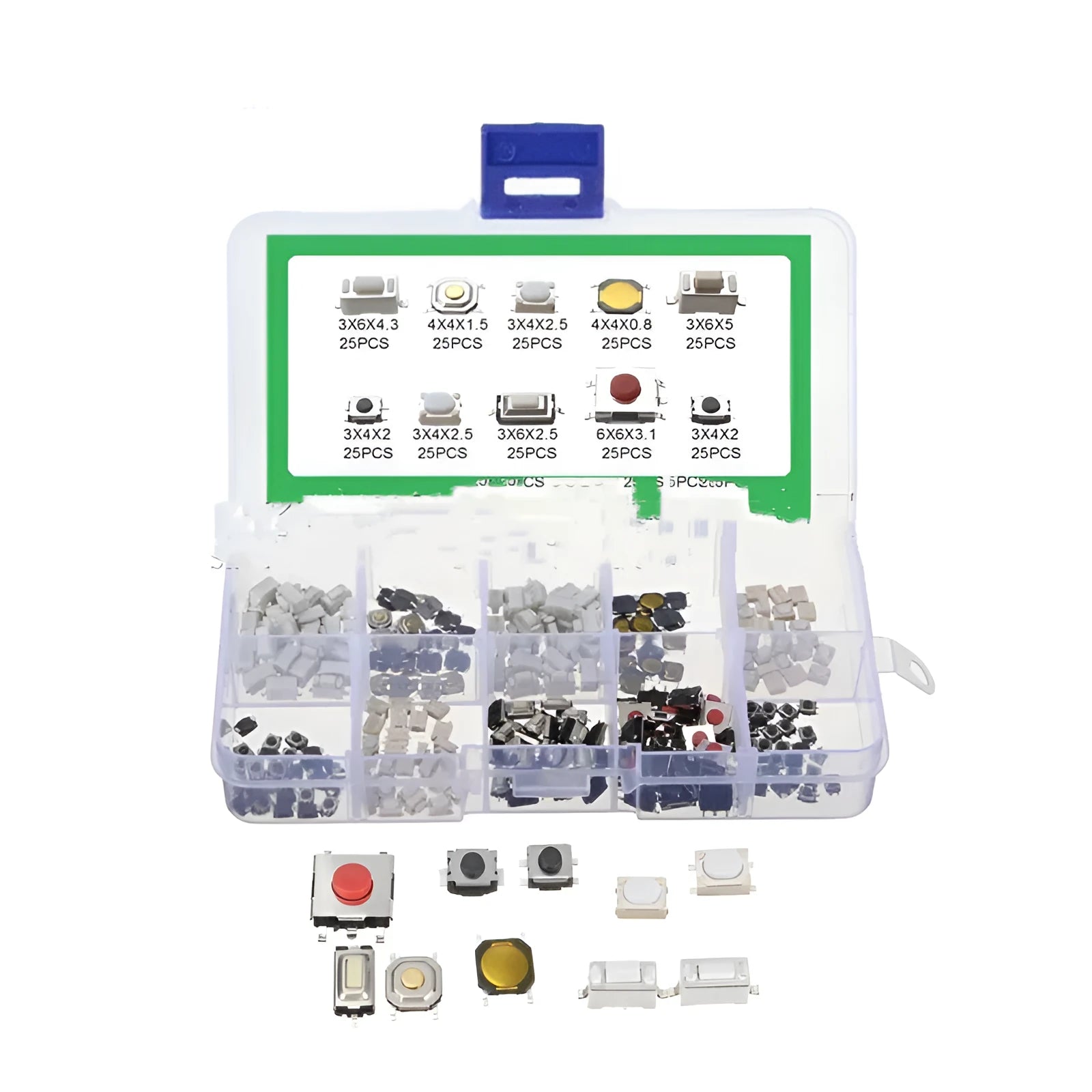 Box containing 250 surface mount tactile push button switches for electronics repair