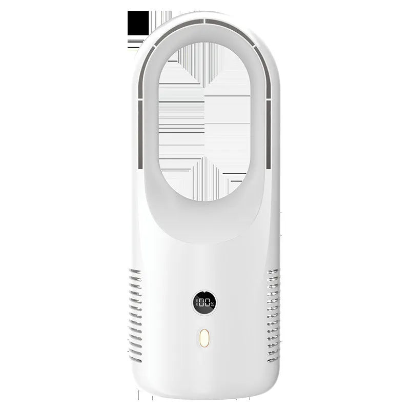 X28 bladeless desk fan showing LED display and 360-degree vent, with USB charging cable.