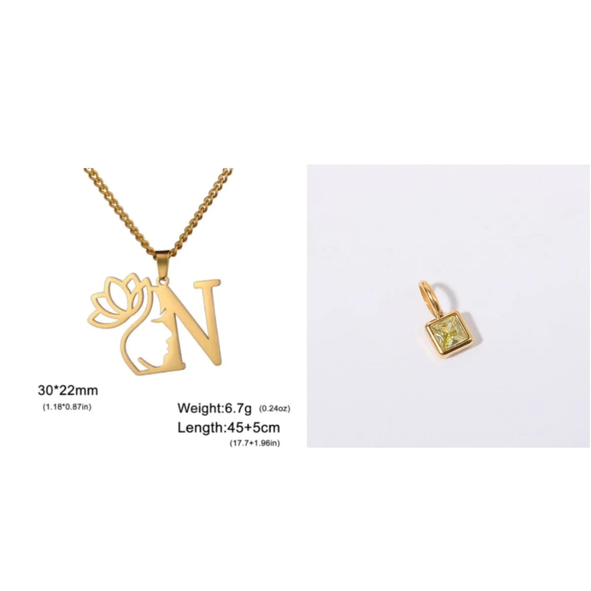 Stainless steel necklace with cross chain and a single initial pendant in a gold or silver finish.
