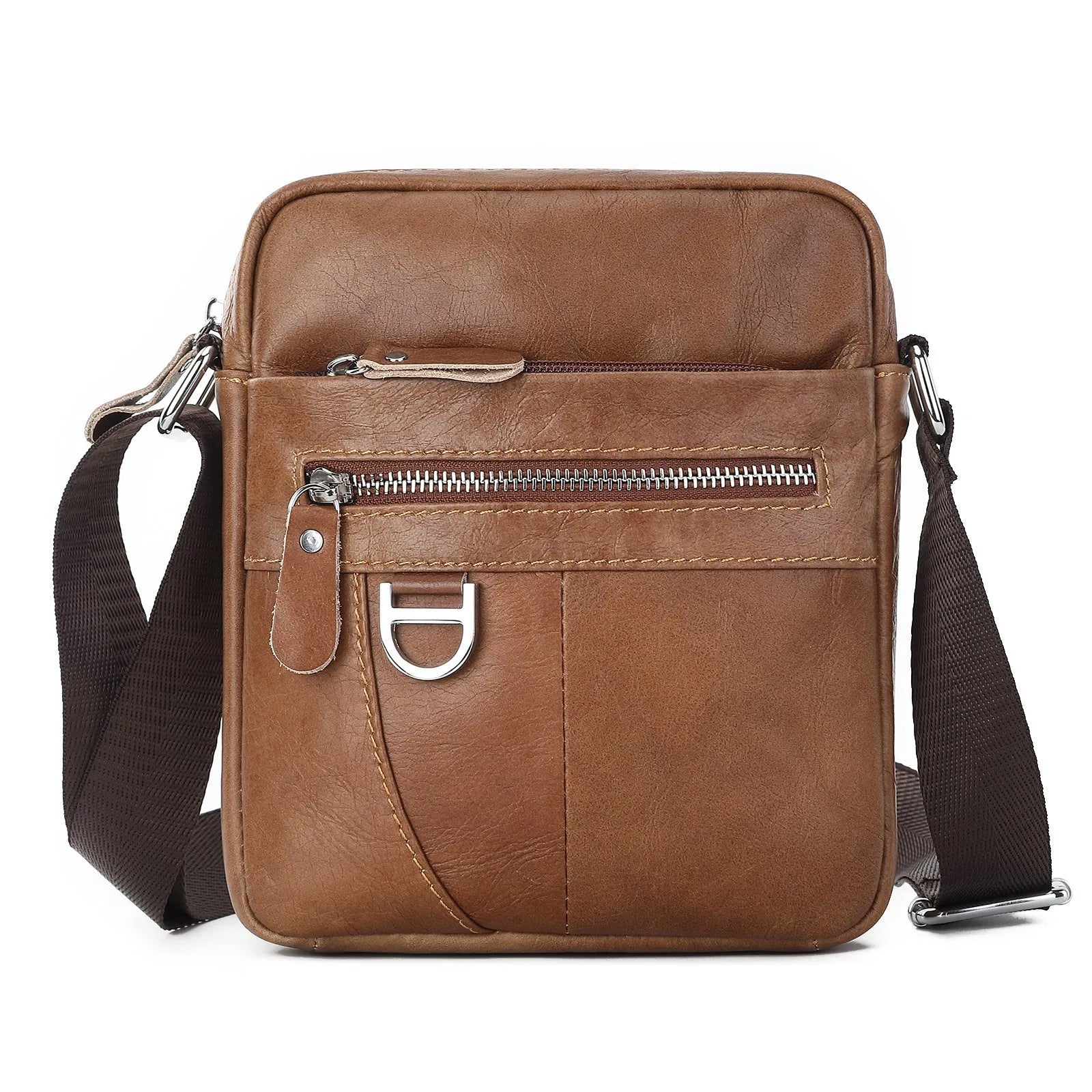 Black retro genuine leather shoulder messenger bag for boys with sewing line detailing