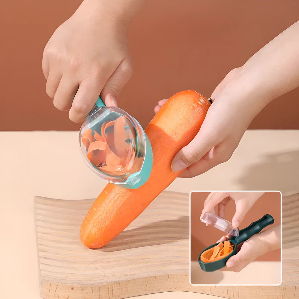 Yellow peeling knife with protective plastic storage lid for fruits and vegetables