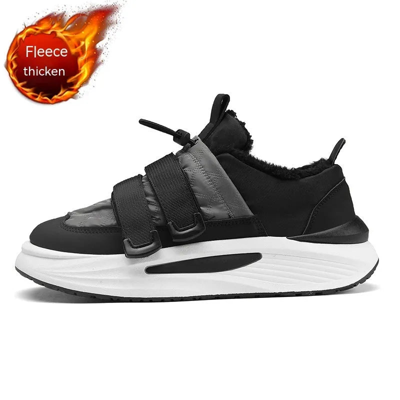 Men's black and gray platform sneakers with lace-up fastening and striped cotton upper on a white background