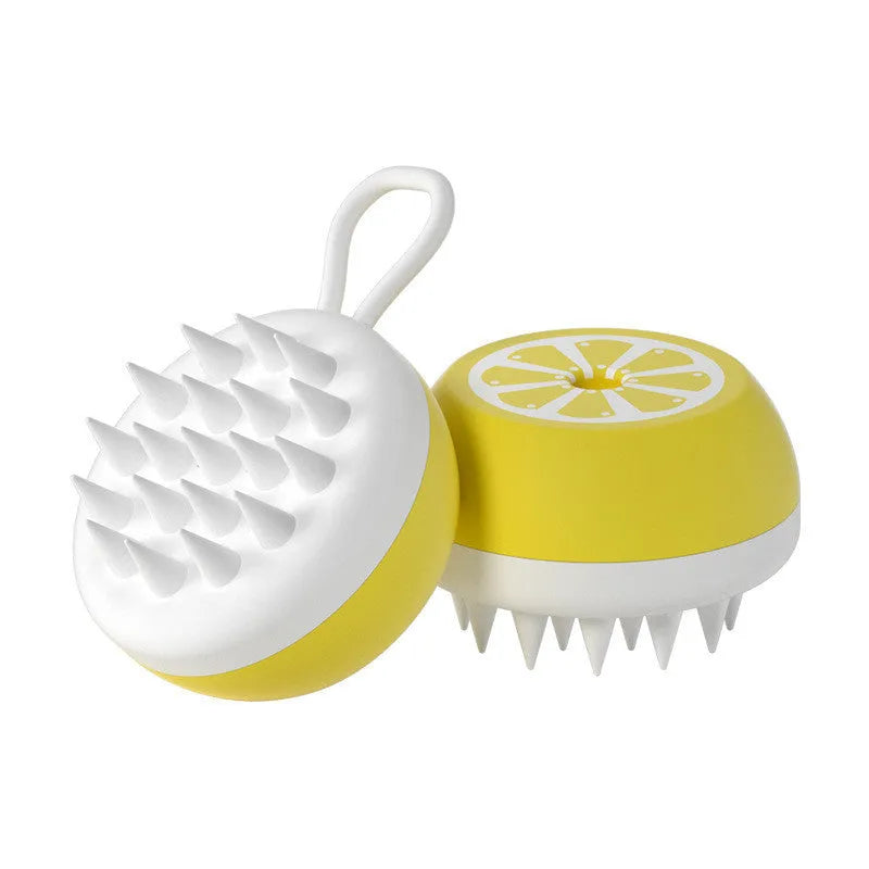 A soft silicone pet bath brush in yellow, shown with both a combed hair side and a 3D massage head side for dog and cat grooming.