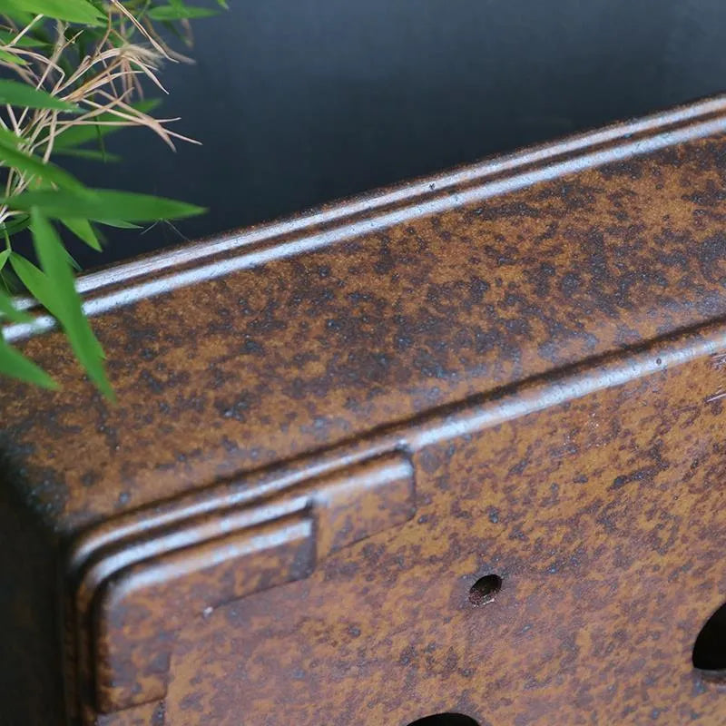Large and small rectangular purple sand bonsai pot with firewood-burning texture for pine trees.