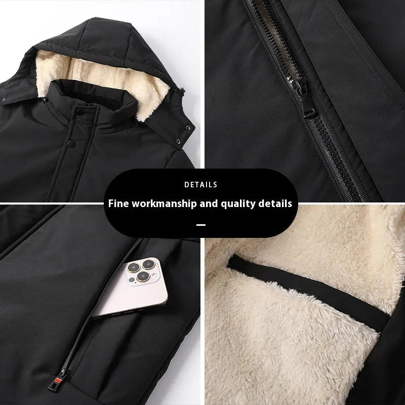 Men's thick cotton jacket in solid black, with zipper pocket and cardigan style, regular fit