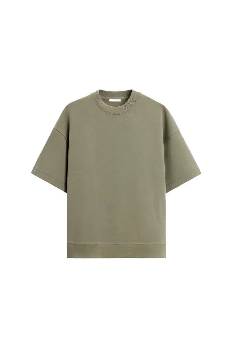 Loose double-sided cloth texture short sleeve top and matching shorts set on a hanger.