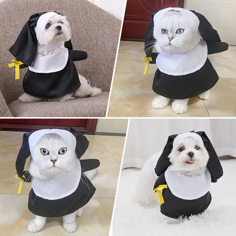 Black nun Halloween costume on small dog with complete outfit including headpiece