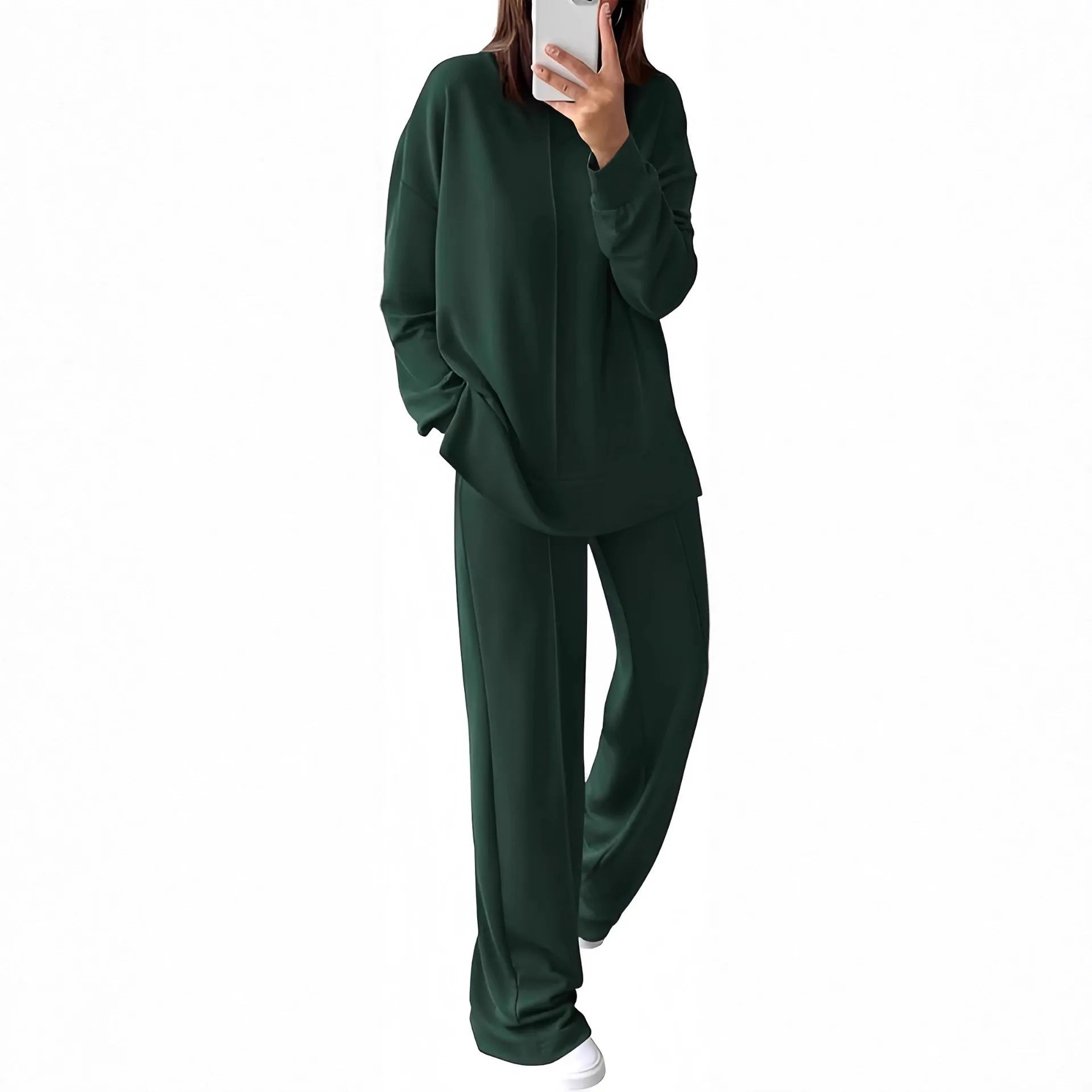 Women's army green polyester long-sleeve tracksuit set with top and pants for sports