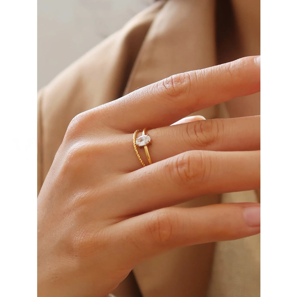 Golden electroplated stainless steel ring with love heart design, shown in sizes 5 to 8.