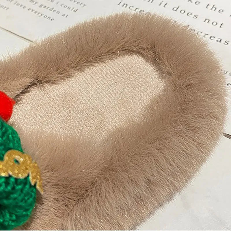 Women's Christmas hat decoration super hairy faux plush slippers with rubber sole.
