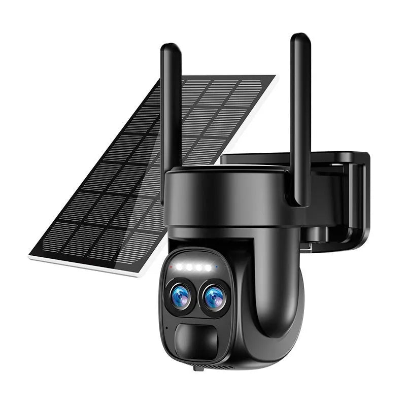 Solar-powered outdoor security camera with 8x zoom lens and colour night vision capability