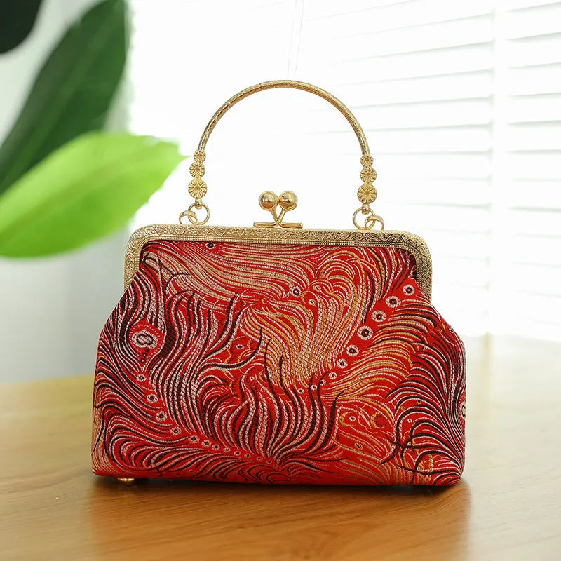 Chinese embroidery cheongsam handbag in polyester with shell shape and internal zipper compartment