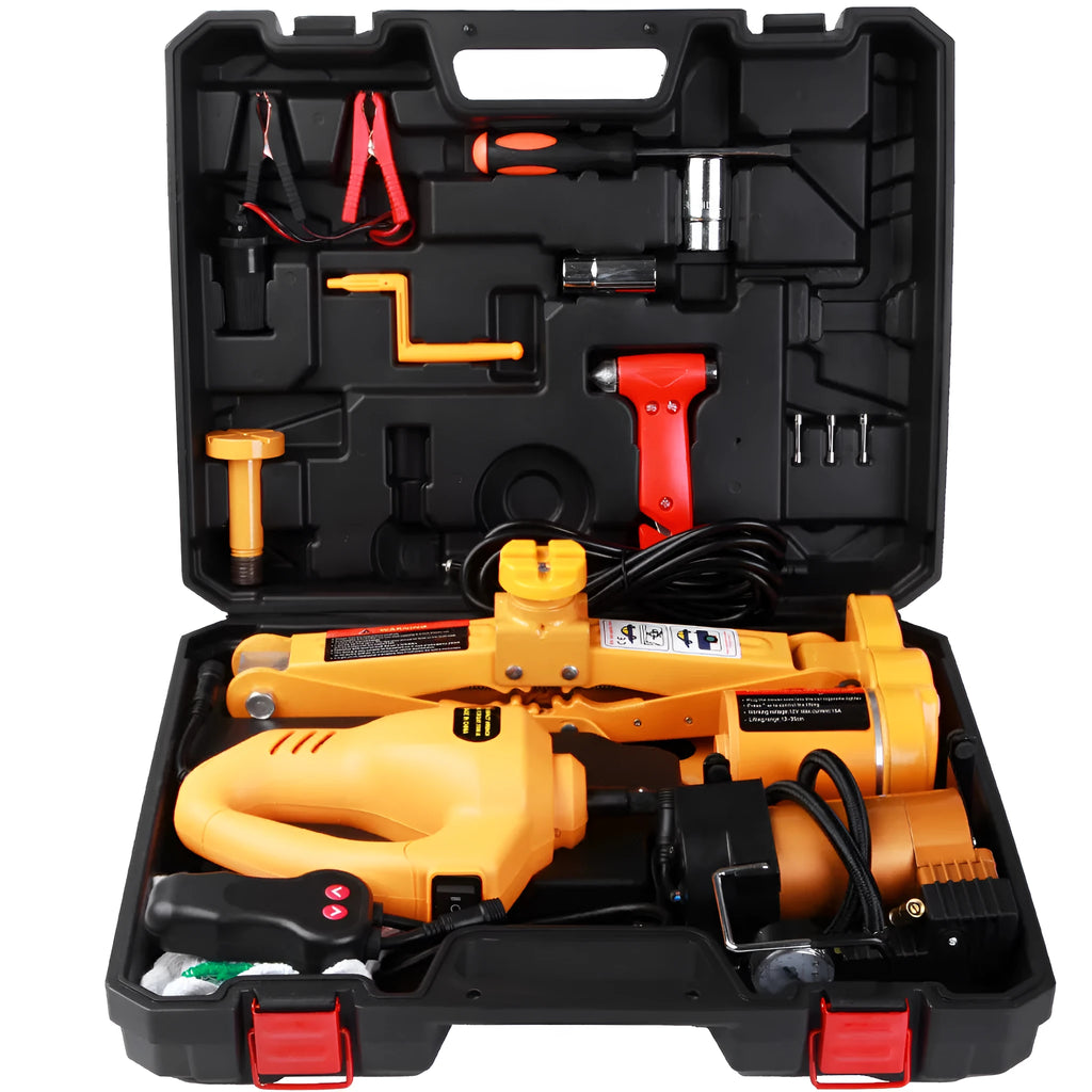 Yellow steel electric car jack set with 12V impact wrench for tyre changing
