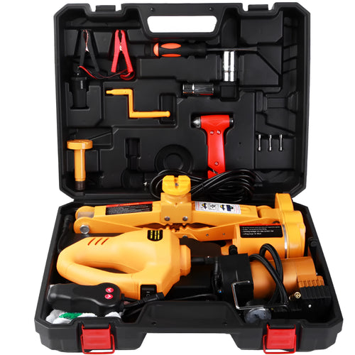 Yellow steel electric car jack set with 12V impact wrench for tyre changing
