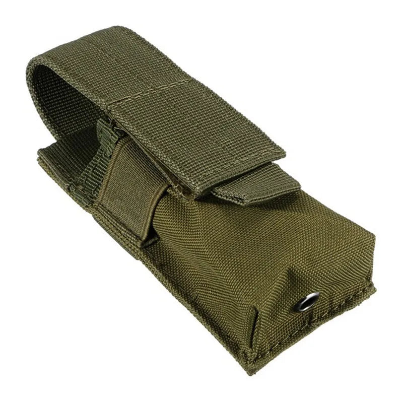 Black tactical MOLLE pouch with elastic cord closure for pistol cartridges or a small flashlight.