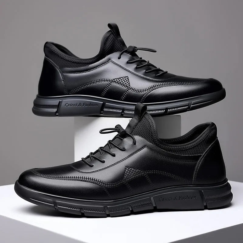 Men's black casual business shoes with cowhide leather upper and square heel