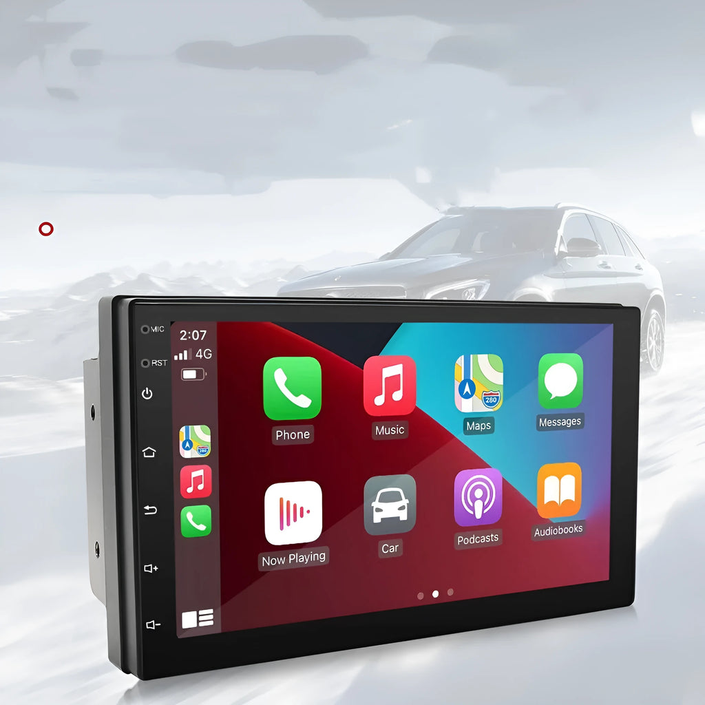 Black universal car MP5 player with 7-inch screen showing GPS navigation interface