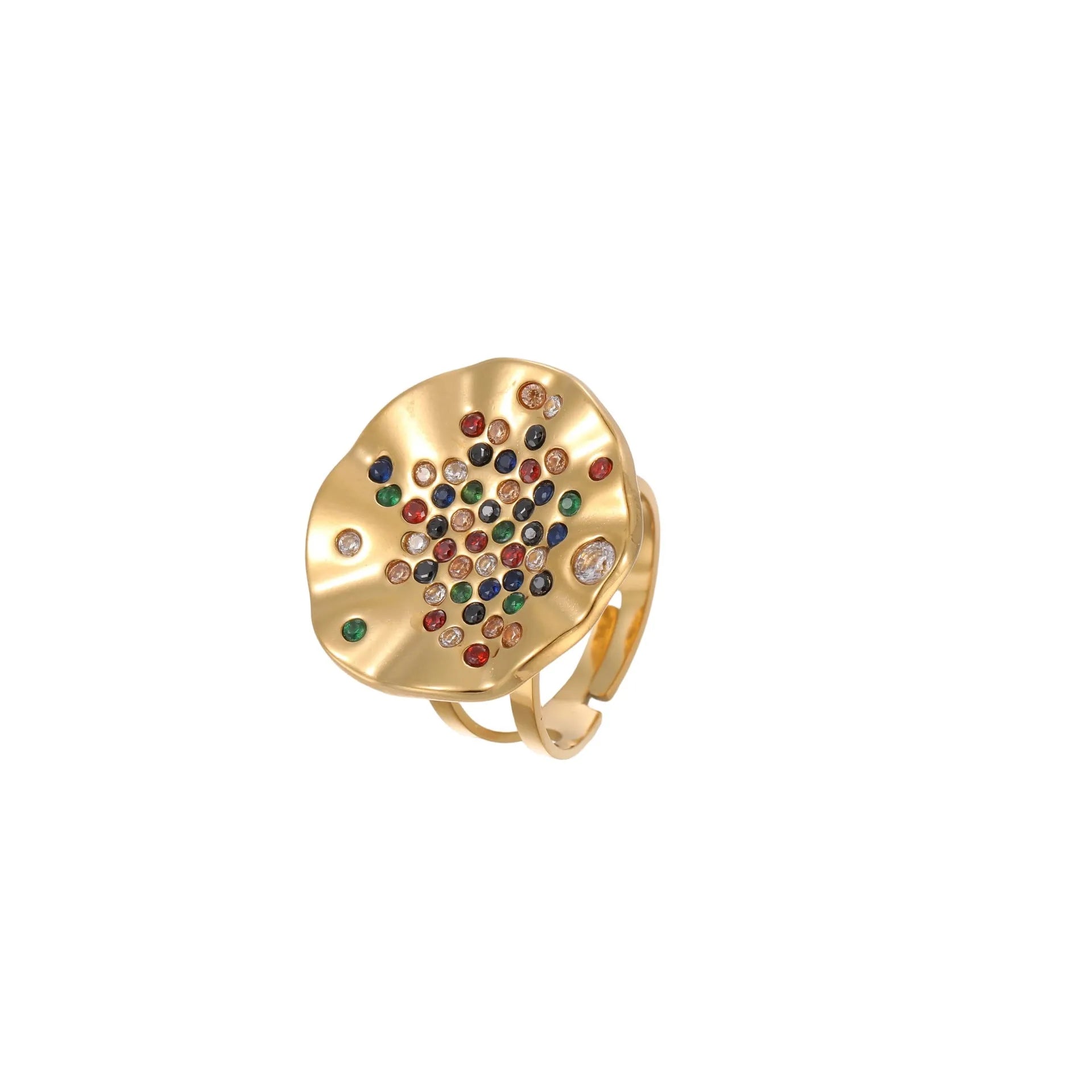 Geometric titanium steel ring with pleated detailing and coloured diamond inlay on open mouth adjustable band