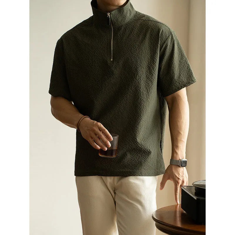 Men's cedar green loose-fit short sleeve polo shirt made from quick-drying ice silk fabric.