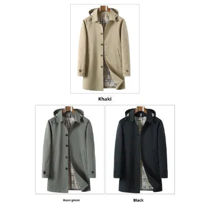 Men's solid colour trench coat with detachable hat in khaki, side seam pockets, polyester blend fabric