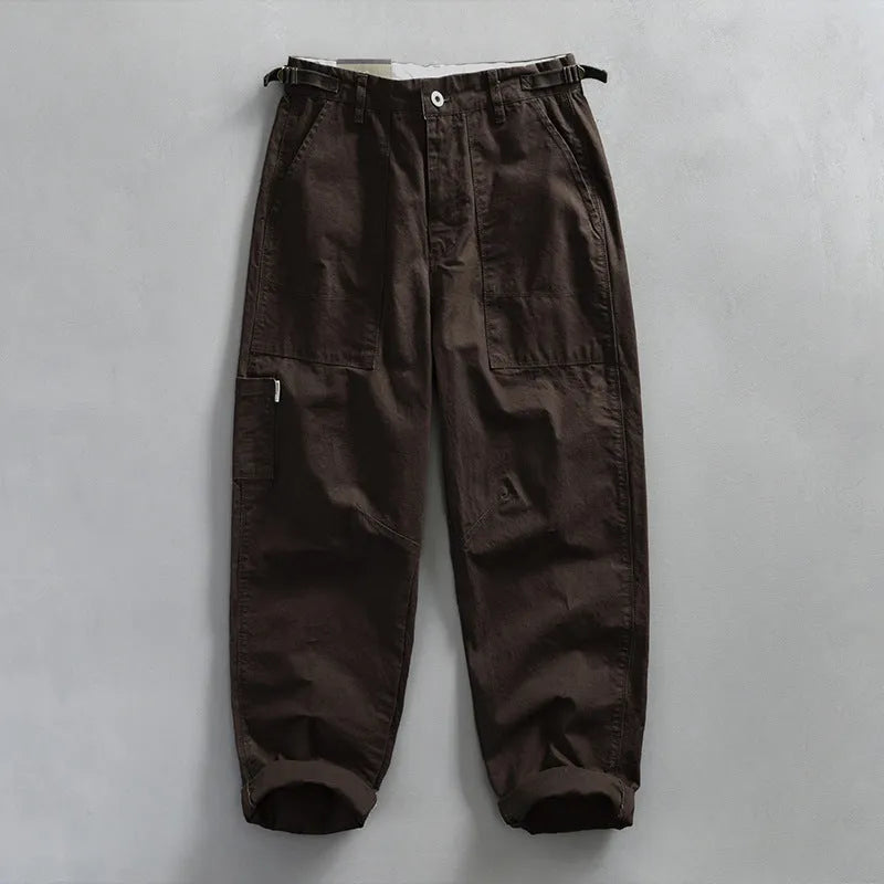 Men's straight-leg cotton trousers in army green, apricot and brown colours with mid-waist fit