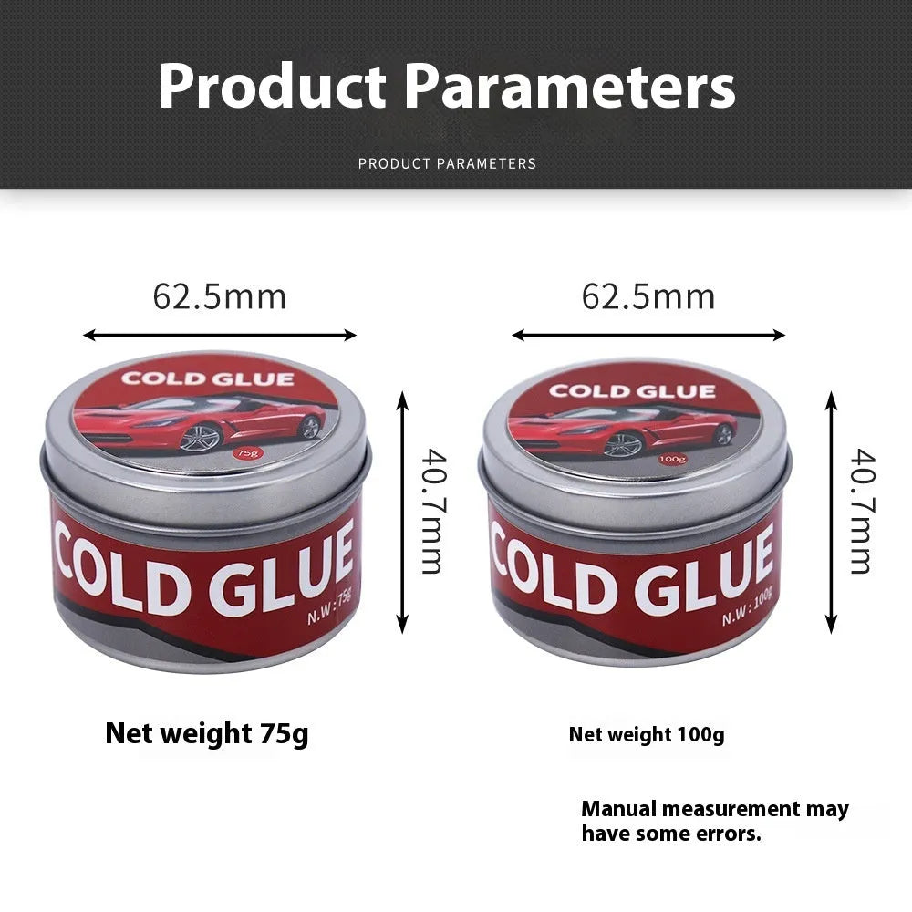 Automobile repair cold glue container showing 75g and 100g size options