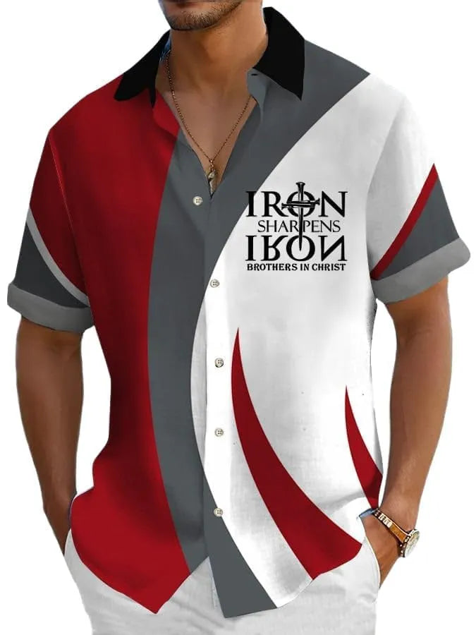 Men's loose-fit digital print Hawaiian shirt in polyester on a hanger.