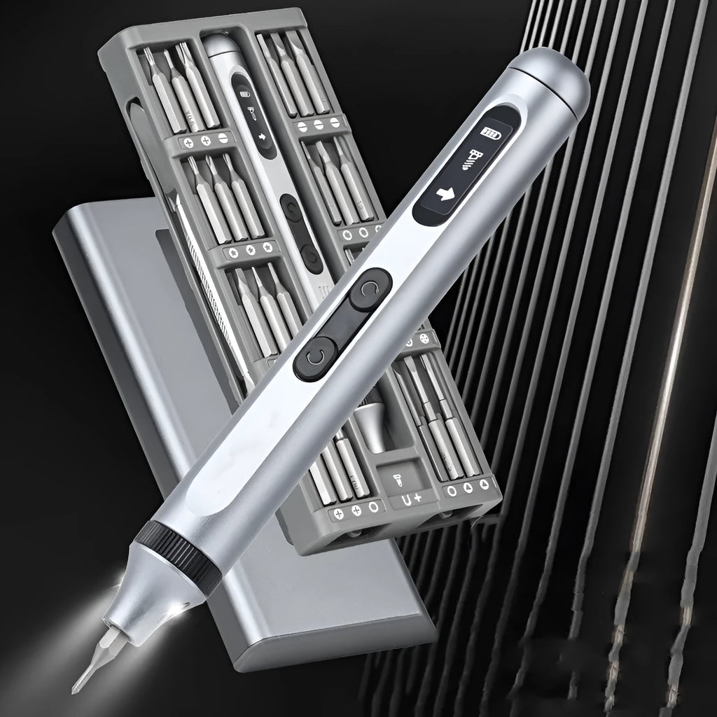 Compact aluminium alloy electric screwdriver with high torque, shown with its bits.