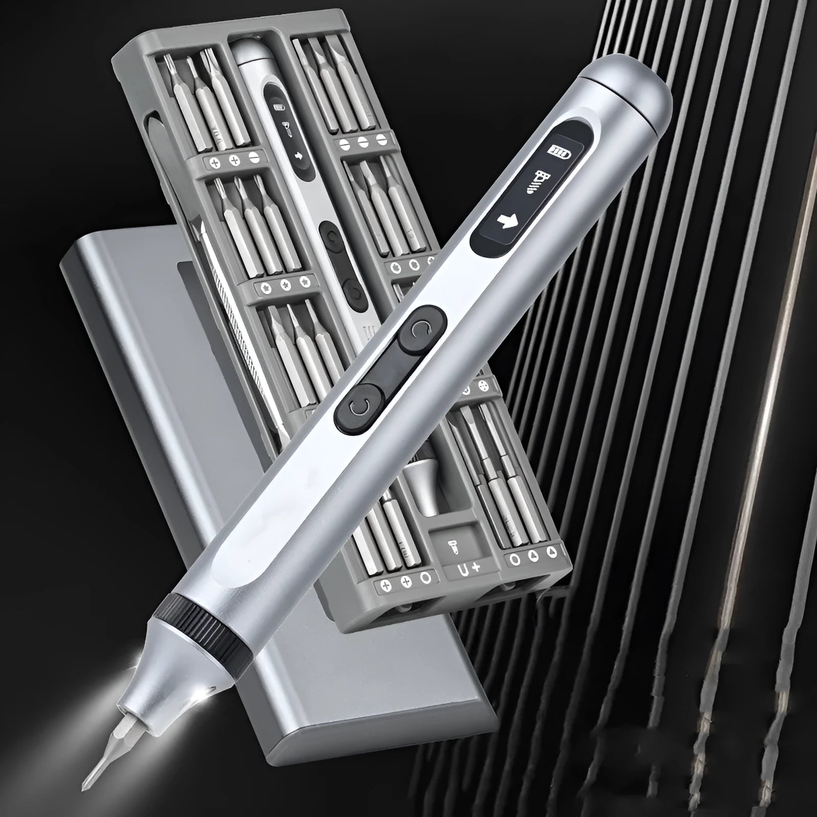 Compact aluminium alloy electric screwdriver with high torque, shown with its bits.