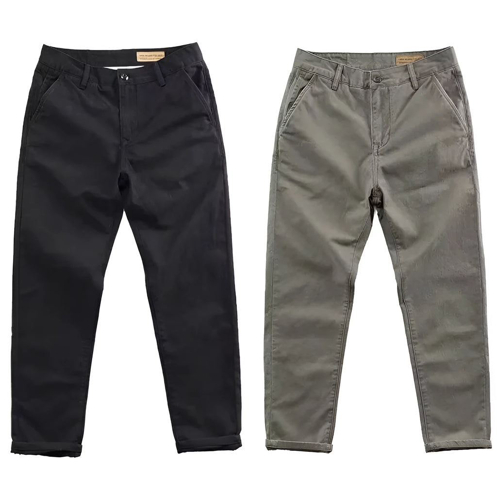 Men's slim fit casual trousers in grey with a straight leg design, made from a micro-elastic fabric blend.