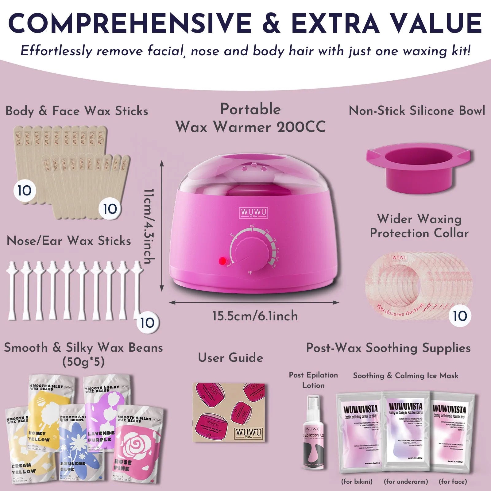 52 piece professional waxing kit with hard wax beans, warmer, and post treatment products