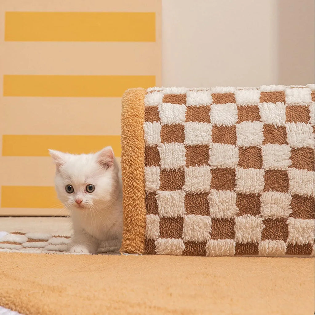 Coffee-colour fan-shaped plush pet bed tunnel for dogs and cats with a thick padded mat and anti-slip base.