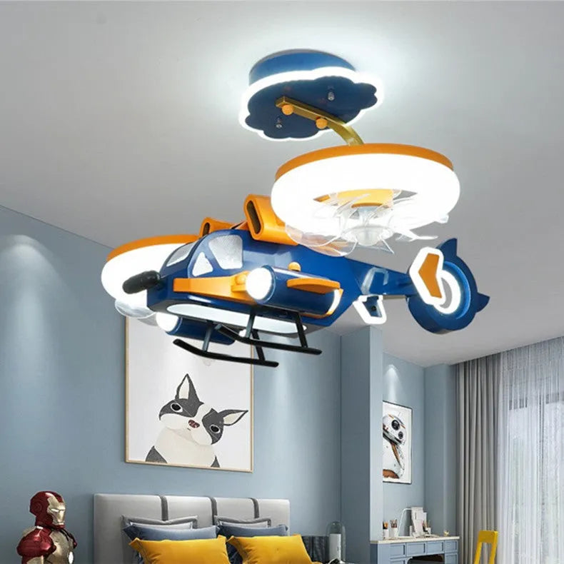Modern ceiling fan with light, showing metal blades and a white acrylic lampshade, remote control beside it.