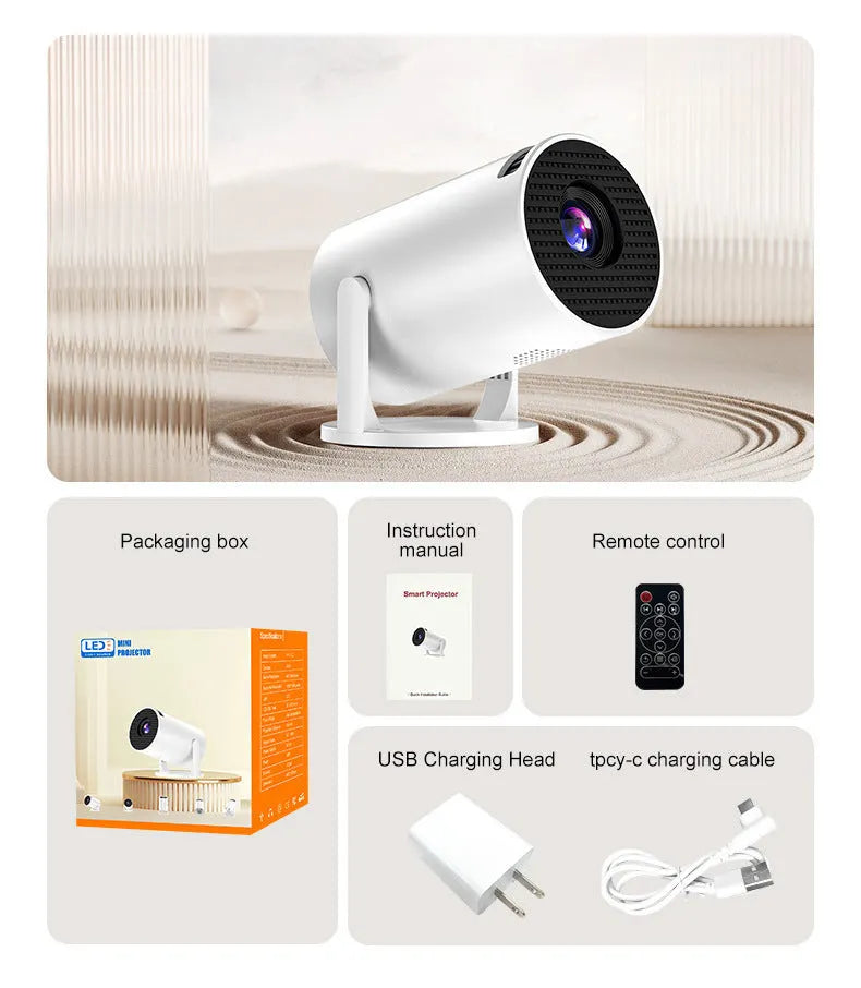 White mini wireless portable projector with 1080p HD resolution for home entertainment