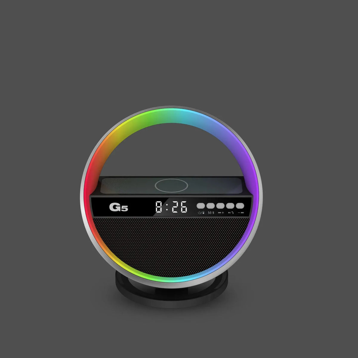 White multifunction RGB night light wireless charger and Bluetooth speaker on a desk with a smartphone on the charging pad