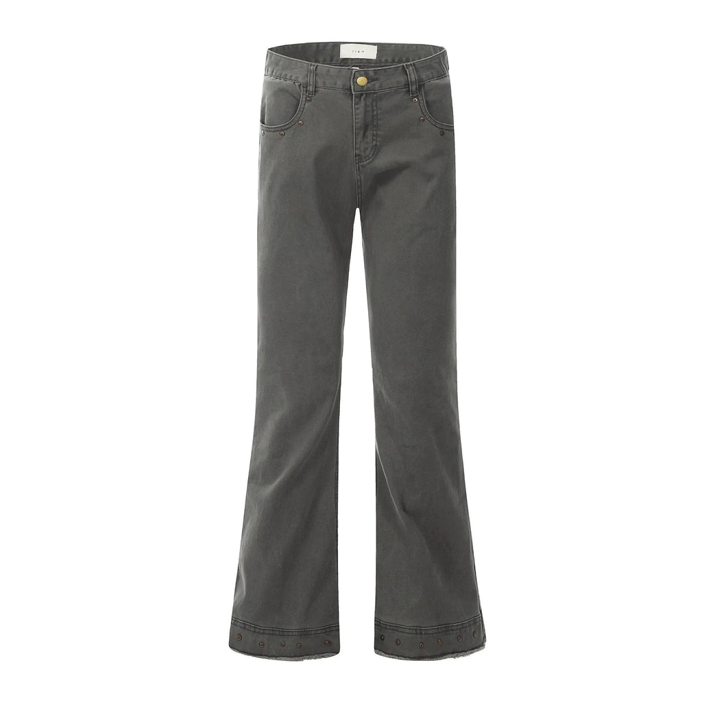 Black American retro straight-leg skinny jeans on a hanger, showing mid-waist and zipper fly detail.