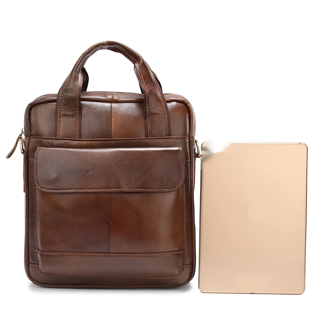 Genuine leather retro vertical briefcase men's bag with sewing thread detailing in black colour