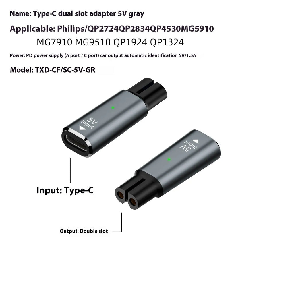 Black USB-C charging adapter for electric shavers with aluminium alloy casing and 4.3V 8W specifications