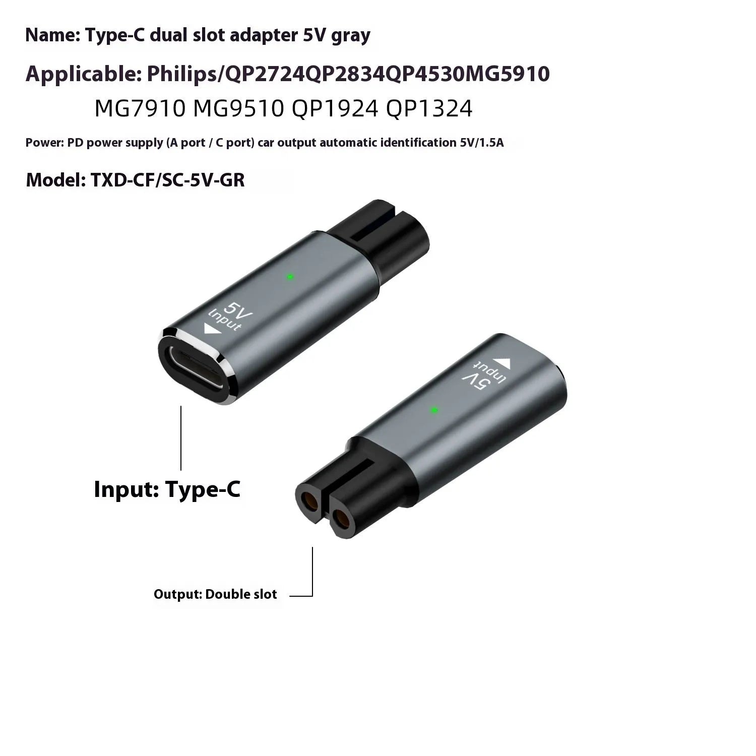 Black USB-C charging adapter for electric shavers with aluminium alloy casing and 4.3V 8W specifications