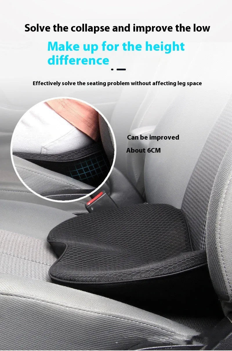 Flat car seat cushion with memory foam filler for height adjustment in vehicle