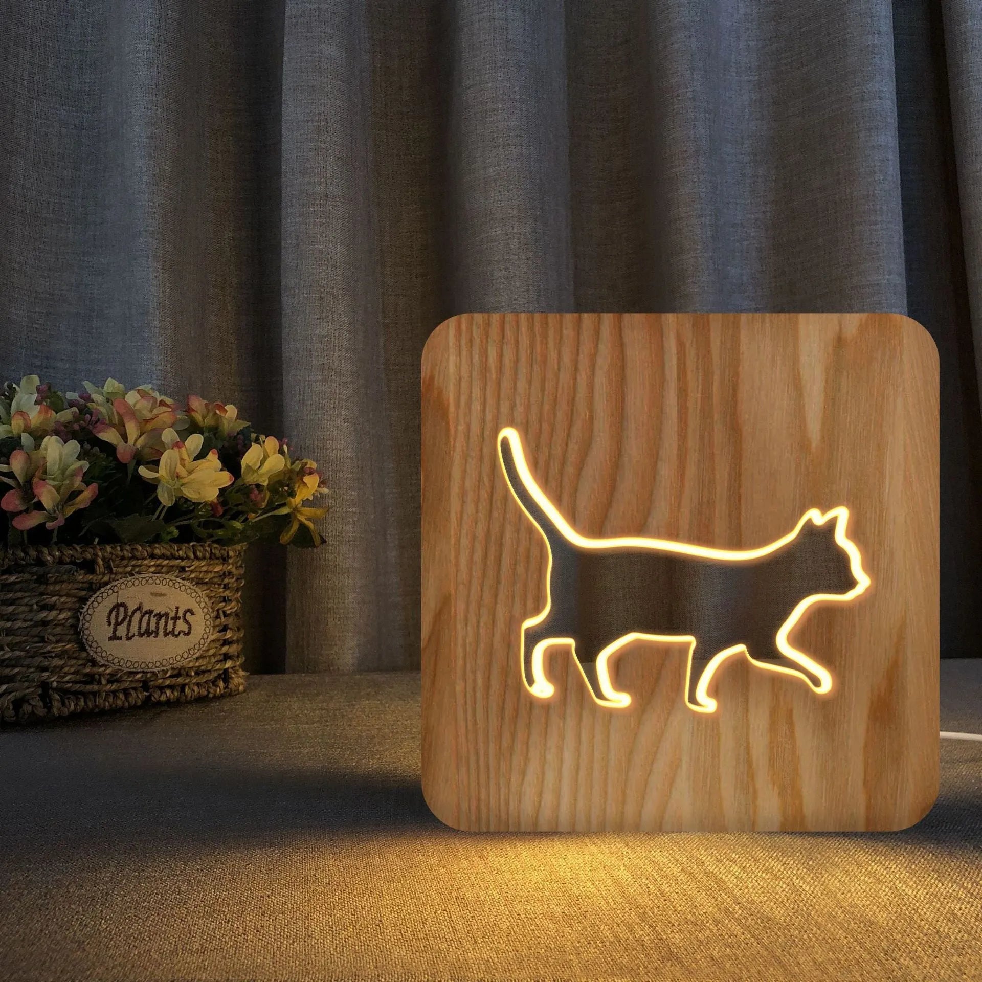 Solid wood hollow 3D cat silhouette night light with USB power cable