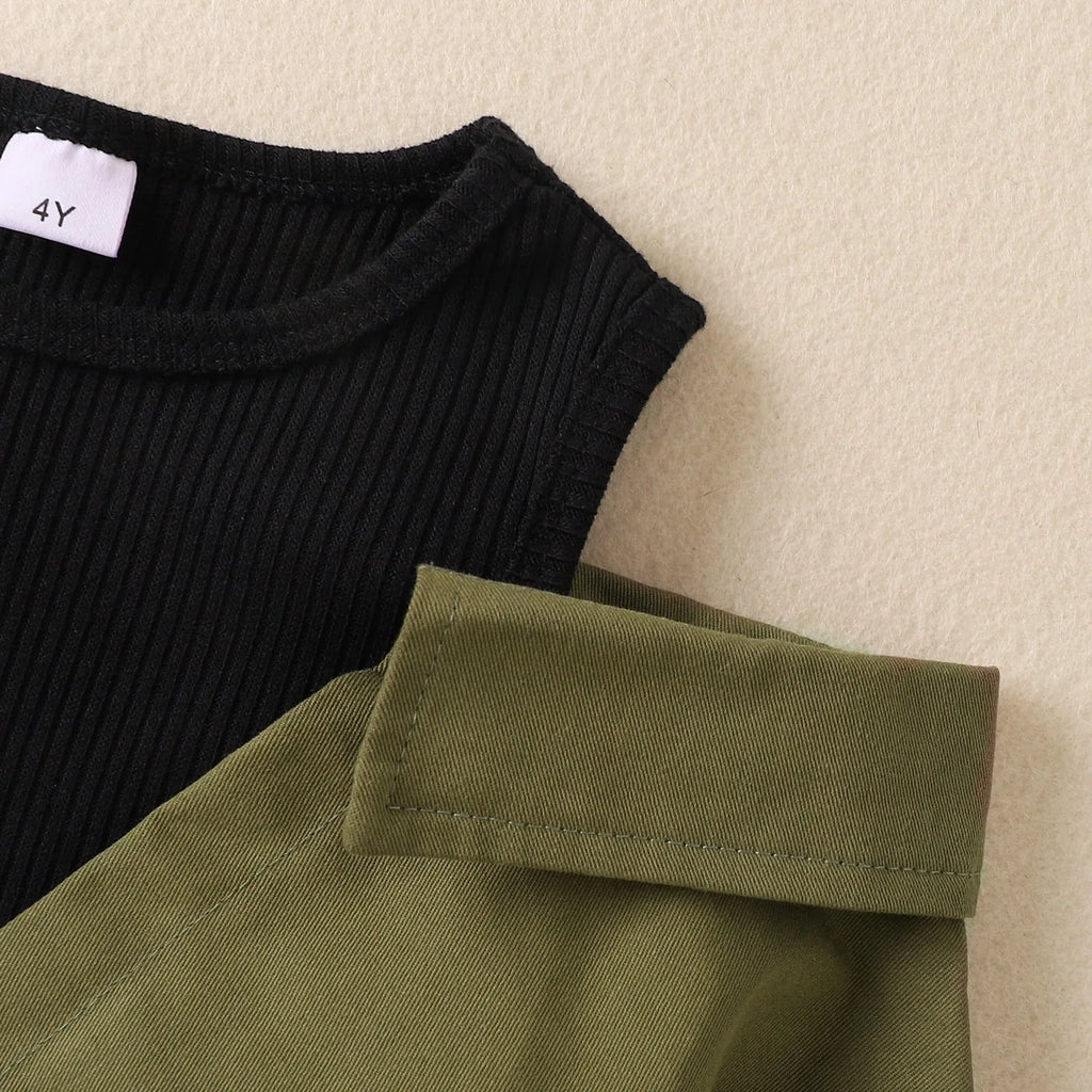 Children's off-shoulder long sleeve dress in military green cotton, front view, sizes 4Y to 7Y