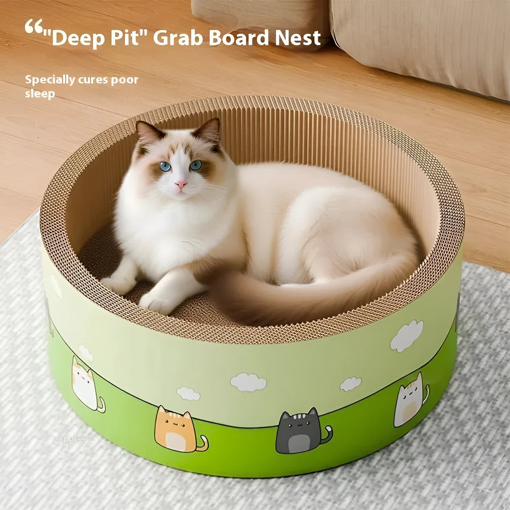 Large round cat scratch board with deep pits, made from brown corrugated paper.
